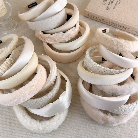 Französischer Vintage Gepolsterter Haarreif Für Damen Creme Beige Satin Plüsch Perle Handgefertigt Haarband Accessoire