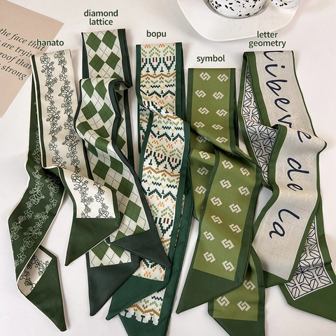 Women's French Vintage Green Polyester Satin Ribbon Small Scarf Twilly For Hair Bag Neck Plaid Geometric Printed Headband