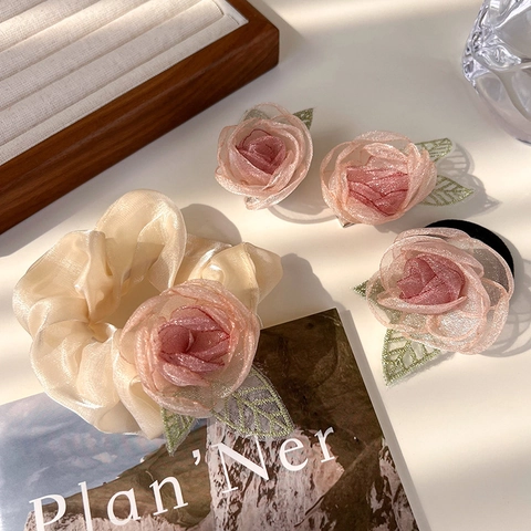 3D Rose Flower Hair Clip Brooch Dual Use Organza Lace Scrunchie Hair Tie For Women Girls Sweet Fairy Style Hair Accessories