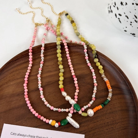 Handmade Natural Stone Freshwater Pearl Beaded Necklace For Women Korean Style Bohemian Adjustable Choker Jewelry Gift