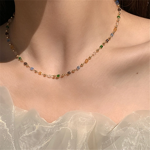 Minimalist Multicolor Crystal Square Beaded Necklace For Women Gold Plated Bead Chain Choker Elegant Daily Fashion Jewelry Accessory Gift