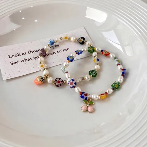 Bohemian Sweet Freshwater Pearl Beaded Bracelet For Women Fruit Strawberry Cherry Pendant Glass Flower Vacation Jewelry
