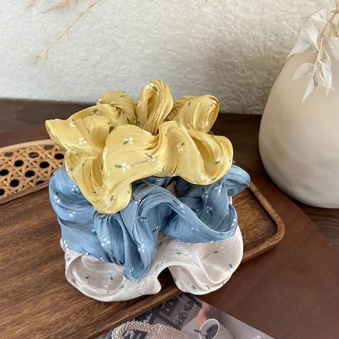 Korean Style Puffy Cloud Satin Hair Scrunchies Fresh Floral Print Elastic Hair Ties Macaron Color Satin Texture Hair Accessories For Girls Women Daily Use