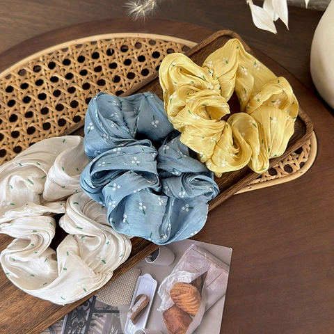 Korean Style Puffy Cloud Satin Hair Scrunchies Fresh Floral Print Elastic Hair Ties Macaron Color Satin Texture Hair Accessories For Girls Women Daily Use