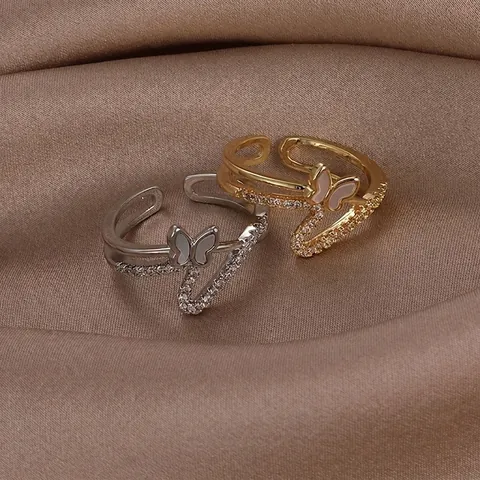 Elegante Anillo Abierto de Mariposa de Nácar Cobre Zircón Doble Capa Anillo Ajustable para Mujer Joyería de Moda Japonesa