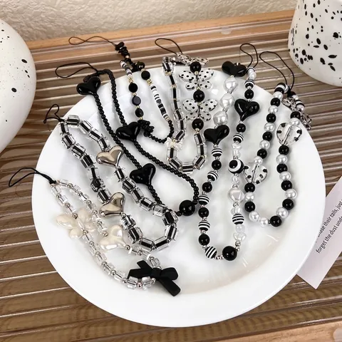 Handmade Black White Acrylic Beaded Phone Chain Heart Bow Artificial Pearl Anti-Lost Mobile Phone Lanyard Wrist Strap For Women