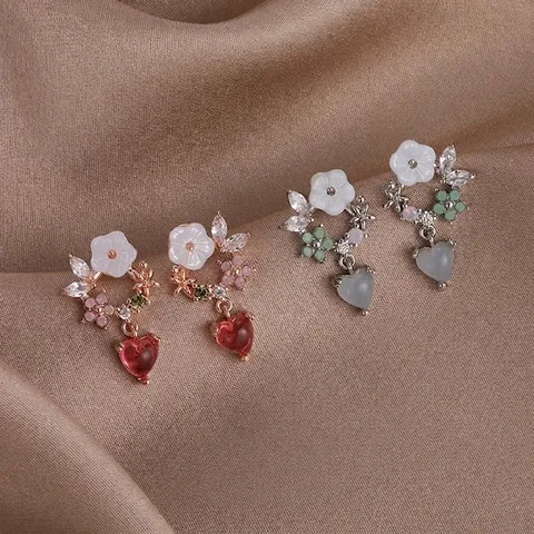 Elegantes Pendientes Colgantes de Corazón de Flores de Cobre para Mujer Con Poste de Plata de Ley 925 Zirconia Concha Joyería