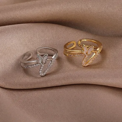 Elegante Anillo Abierto de Mariposa de Nácar Cobre Zircón Doble Capa Anillo Ajustable para Mujer Joyería de Moda Japonesa