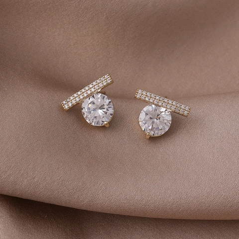 Boucles d'Oreilles Clous en Cuivre Plaqué Or Zirconia Minimaliste Français Tige en Argent Sterling 925 Ligne Horizontale