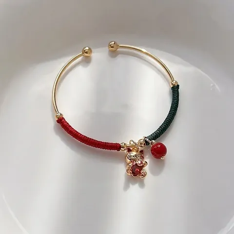 Gelukskat Hart Hanger Goud Vergulde Koperen Bangle Voor Vrouwen Rood Groene Geweven Draad Verstelbare Open Manchet Sieraden