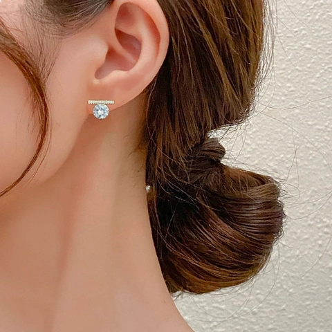 Boucles d'Oreilles Clous en Cuivre Plaqué Or Zirconia Minimaliste Français Tige en Argent Sterling 925 Ligne Horizontale
