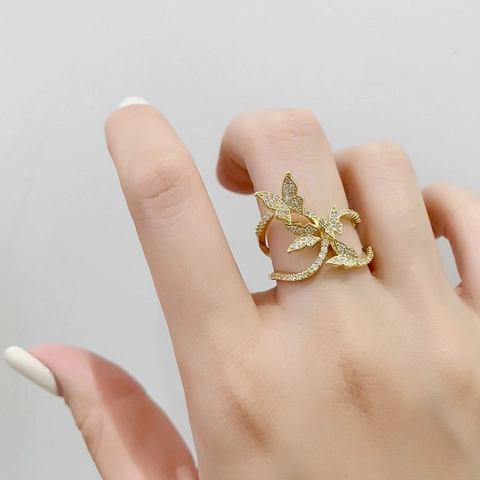 Elegant Copper Butterfly Open Ring For Women Minimalist Rhinestone Adjustable Index Finger Ring Jewelry Gift