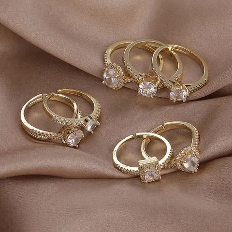 Eleganter Kupfer Zirkonia Geometrischer Verstellbarer Offener Ring Für Damen Glänzende Mode Fingerring Vergoldeter Luxusschmuck