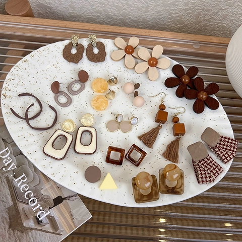Vintage Acryl Geometrische Oorknopjes Voor Vrouwen Herfst Winter Koffie Bruin Ruitjes Gegalvaniseerde Koperen Stift Mode Sieraden