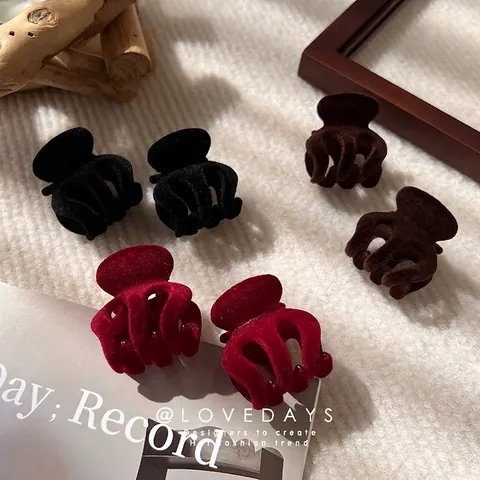 Pinza para el Pelo Mini de Flocado Vintage para Mujer Otoño Invierno Textura de Terciopelo Acrílico Horquilla Pequeña
