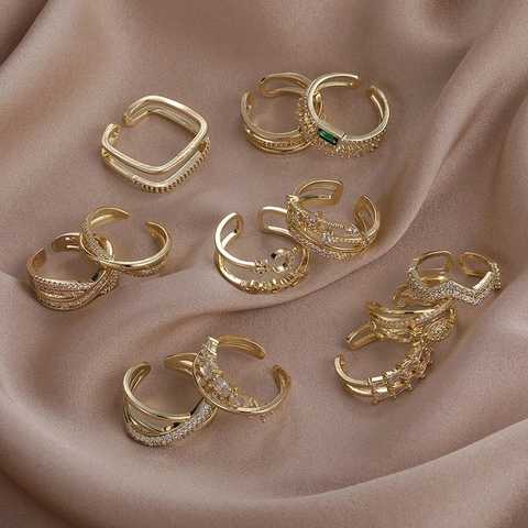 Vintage Geometrischer Doppelschicht Kupfer Offener Ring Mikro Inlay Strass Elegant Vergoldet Verstellbarer Fingerring Schmuck Damen