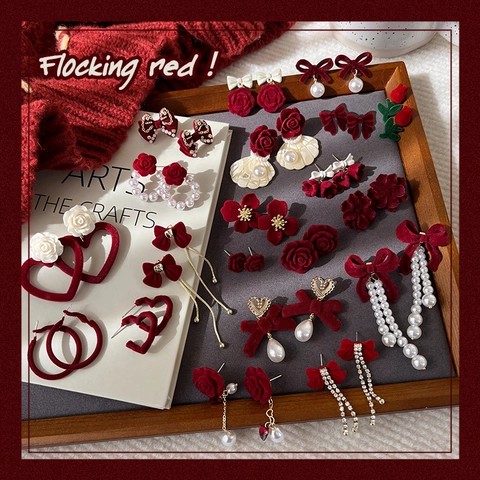 Vintage Weinrot Beflockung Ohrringe Für Damen Herbst Winter Französischer Stil Schleife Rose Blume Künstliche Perle Strass Herz Ohrringe