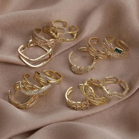 Vintage Geometrischer Doppelschicht Kupfer Offener Ring Mikro Inlay Strass Elegant Vergoldet Verstellbarer Fingerring Schmuck Damen