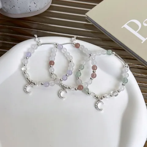 Korean Sweet Beaded Stone Bracelet Copper Rhinestone Moon Key Pendant Handmade Jewelry For Women Daily Fashion Gift