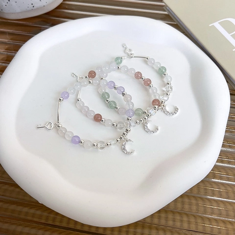 Korean Sweet Beaded Stone Bracelet Copper Rhinestone Moon Key Pendant Handmade Jewelry For Women Daily Fashion Gift