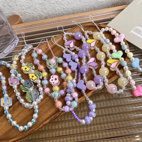 Cordon de Téléphone en Résine Perles Couleur Bonbon Fait Main Coeur Fleur Dragonne Bracelet Court Porte-clés Accessoire Mobile