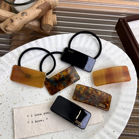 French Handmade Style Rectangular Acrylic Hair Clip Tortoiseshell Pattern Hair Tie Set For Women Vintage Daily Hair Accessories