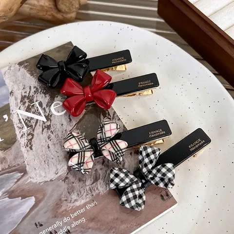 Französischer Vintage Celluloseacetat Schleife Haarspange Handgefertigt Entenschnabel-Clip Für Damen Akademie-Stil Goldetikett Haarschmuck