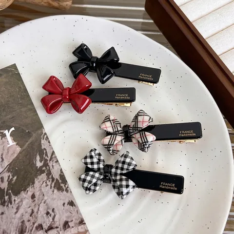 Französischer Vintage Celluloseacetat Schleife Haarspange Handgefertigt Entenschnabel-Clip Für Damen Akademie-Stil Goldetikett Haarschmuck