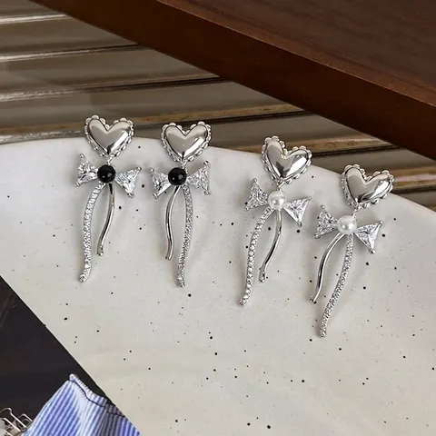 Sweet Cool Herz Schleife Künstliche Perle Strass Ohrhänger Mit 925 Sterlingsilber Ohrstecker-Stift Für Damen Schmuck