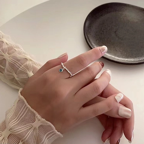 Minimalist Blue Crystal Beaded Elastic Ring Silver Color Handcrafted Fashion Simple Finger Jewelry For Women