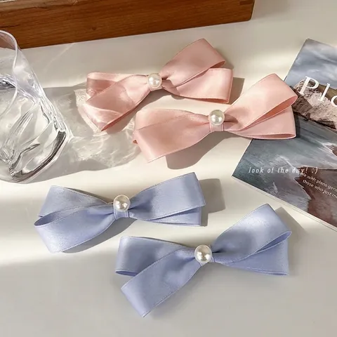 Dulce Pinza para el Cabello con Lazo de Cinta de Satén de Doble Capa Con Decoración de Perlas Artificiales Elegante Pinza de Pico de Pato Estilo Coreano para Mujer Accesorios para el Cabello