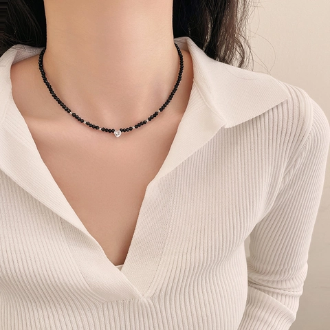 Vintage Minimalistische Kralen Hart Halsketting Voor Dames Retro Elegante Zirconia Hanger Choker Sieraden Verstelbare Sleutelbeenketting