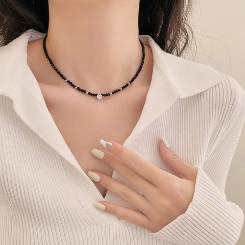 Vintage Minimalistische Kralen Hart Halsketting Voor Dames Retro Elegante Zirconia Hanger Choker Sieraden Verstelbare Sleutelbeenketting