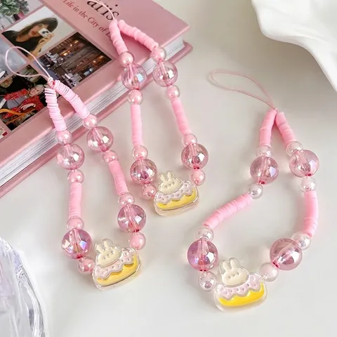 Cordon de Téléphone Perlé Rose Mignon Pendentif Gâteau Lapin en Résine Style Dessin Animé Fait Main pour Femmes Décoration