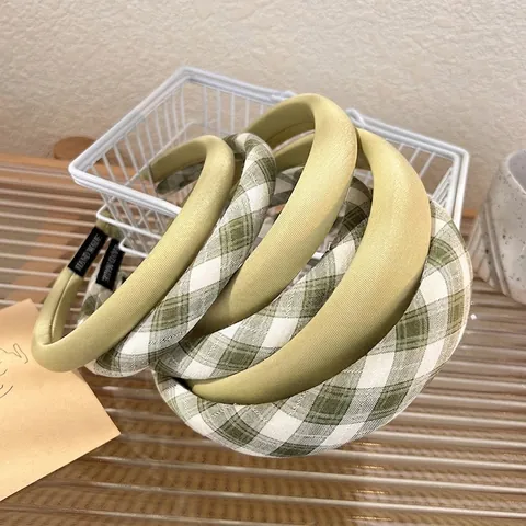 Vintage French Padded Plaid Headband For Women Elegant Green Fabric Sponge Hair Band Retro Geometric Thickened Hair Hoop