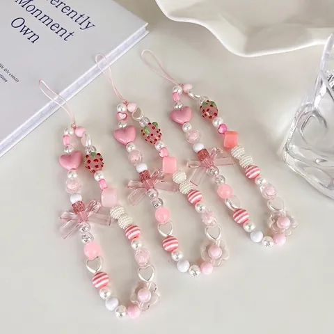 Bijou de Portable en Perles de Résine Rose Fraise Cœur Nœud Accessoire pour Coque de Téléphone Femme Fille Style Ins Décor