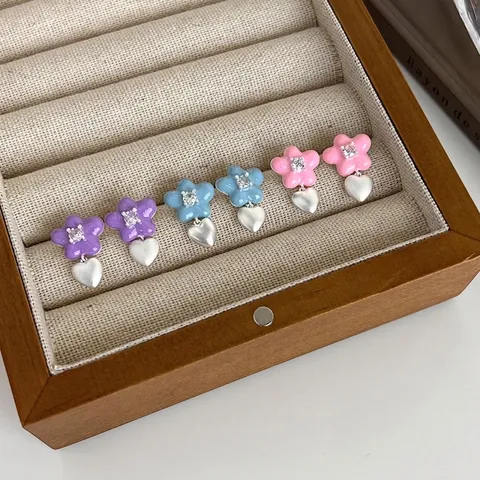 Sweet Flower Heart Pendant Stud Earrings Copper Zirconia Enamel Earrings For Women Girls Daily Dating Party Jewelry