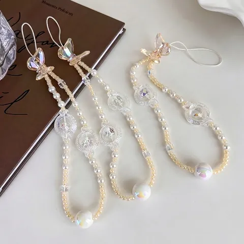 Handmade Butterfly Beaded Phone Strap Wristlet Iridescent Faux Artificial Pearl Anti-lost Phone Charm For Women Fashion Accessories