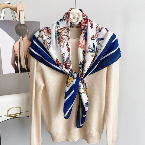 Vintage Butterfly Floral Print Square Scarf For Women Polyester Silk Feel Large Shawl Elegant Winter Autumn Neck Wrap