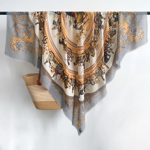 Vintage European Carriage Print Square Scarf For Women Lightweight Polyester Shawl Wrap Elegant Fashion Chic Headscarf Gift