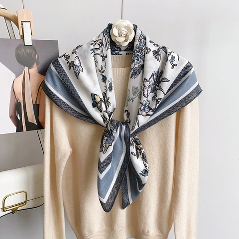 Vintage Butterfly Floral Print Square Scarf For Women Polyester Silk Feel Large Shawl Elegant Winter Autumn Neck Wrap