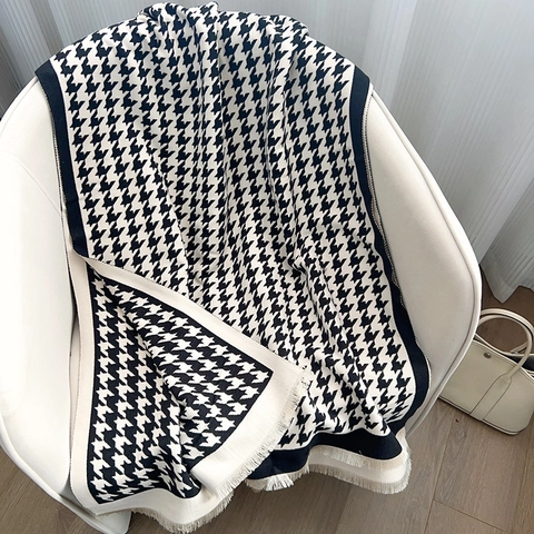 Bufanda Jacquard de Pata de Gallo Clásica para Mujer Invierno Gruesa Cálida Chal de Imitación de Cachemira Con Borlas Pashmina Larga