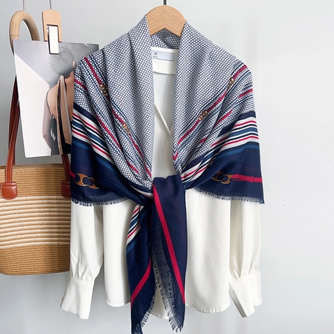 Damen Mode Bedruckt Polyester Vierecktuch Kette Muster Quasten Großer Schal Wrap Für Herbst Winter Casual Pendeln