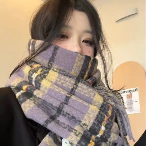 Women's Vintage Plaid Scarf Soft Polyester Imitation Cashmere Tassel Scarf Warm Winter Checkered Shawl Wrap For Ladies