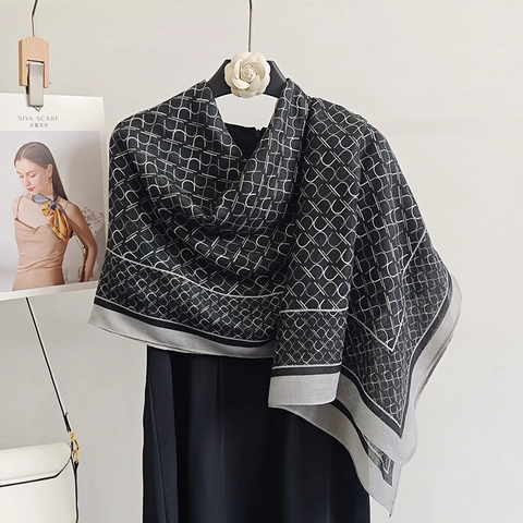 Châle Vintage Imprimé Monogramme Géométrique pour Femmes Foulard Élégant Grand Enveloppement en Polyester pour Automne Hiver