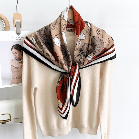 Vintage Rose Floral Print Square Scarf For Women Polyester Silk Like Shawl Elegant Striped Edge Wrap Headscarf Office Lady Accessory