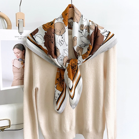 Vintage Rose Floral Print Square Scarf For Women Polyester Silk Like Shawl Elegant Striped Edge Wrap Headscarf Office Lady Accessory