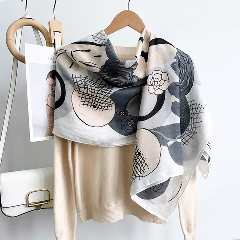 Vintage Camelia Bedrukte Sjaal Sjaal Voor Vrouwen Zachte Polyester Lange Sjaal Herfst Winter Mode Wrap Grote Dagelijkse Accessoire