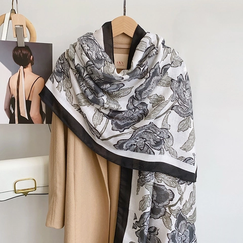 Eleganter Damen Vintage Blumen Druck Schal Großer Leichter Polyester Schal Mode All-Match Warmer Wrap Für Herbst Winter