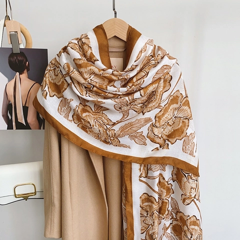 Eleganter Damen Vintage Blumen Druck Schal Großer Leichter Polyester Schal Mode All-Match Warmer Wrap Für Herbst Winter